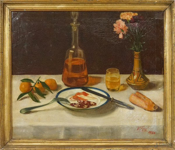 Tavola imbandita- Salumi, frutta e vasellame, olio su tela, cm 50x60, firmato e datato V.Prò 1924, entro cornice, (difetti).