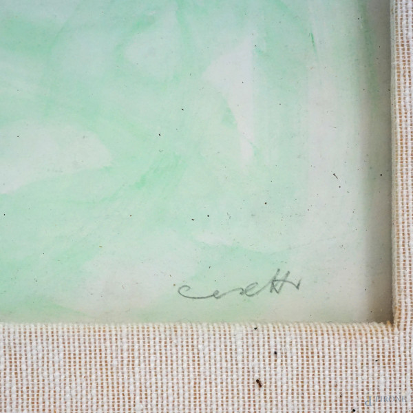 Paesaggio con mucche, tecnica mista su cartone, cm 45x70, entro cornice. In allegato autentica su...