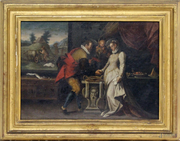 Lo sposalizio, olio su tela, cm. 29x41,5, inizi XVIII sec., entro cornice.