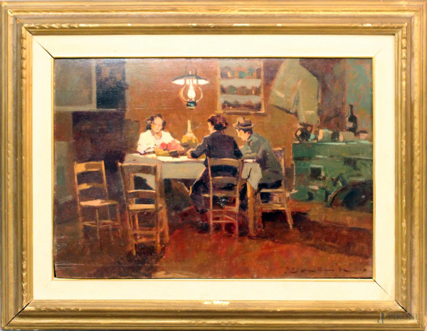 Carlo Domenici - Interno con figure, olio su tavola cm 34,5x50, entro cornice.
