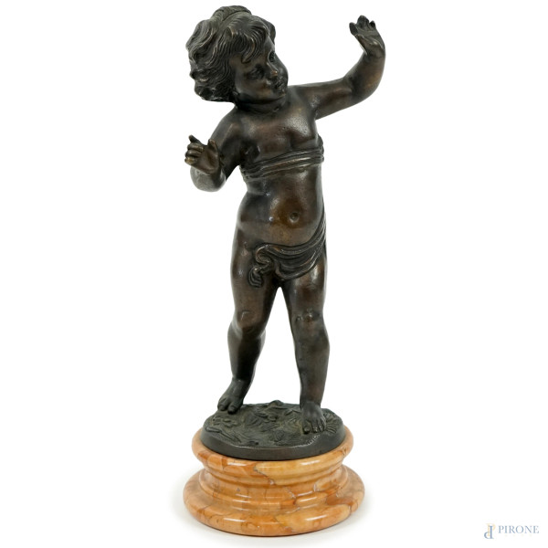 Putto, scultura in bronzo, cm h 26, base in marmo, firmata