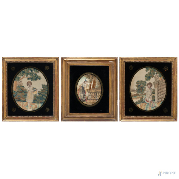 Lotto di tre ricami raffiguranti bambini e gentildonna sulla tomba di Shakespeare entro giardino neoclassico, (da incisioni di Angelica Kauffmann). Inghilterra, XX secolo, misure massime cm 30x23, entro cornice, (segni di usura)