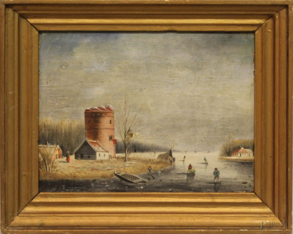 Scorcio di paesaggio olandese con case e figure olio tavola 27x21 entro cornice