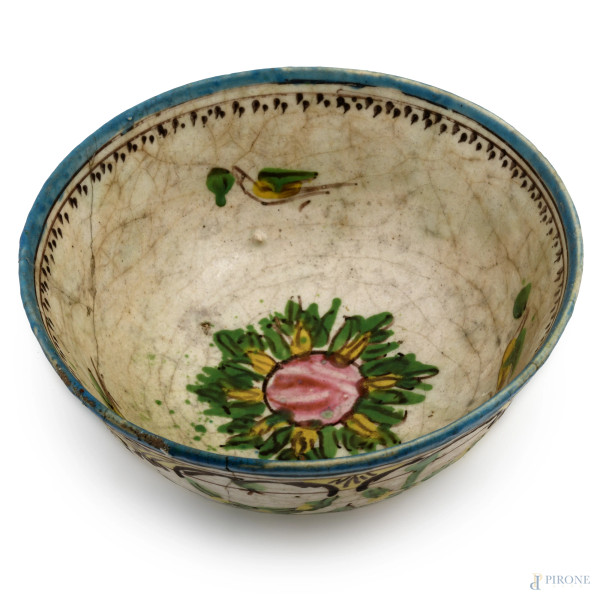 Ciotola in maiolica decorata con teoria di festoni e mazzetti di fiori, XIX-XX secolo, cm 10x22, (restauri, scalfiture, difetti)