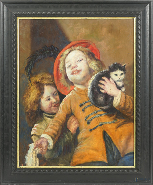 Copia da Judita Leyster (1609 –  1660), Due bambini che ridono con un gatto, XX secolo, olio su cartone, cm 50,5x39,5, entro cornice