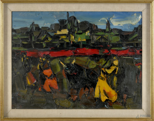 Carlo Caroli, Composizione, olio su tela, cm 59,5x79,5 entro cornice, firmato in alto a sinistra