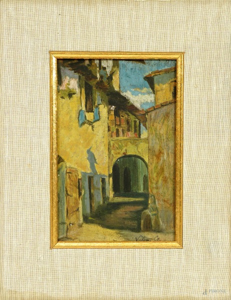 Strada di paese, olio su cartone telato, cm 17x11,5, firmato in basso a destra, entro passpartout