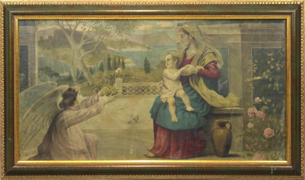 Madonna con bambino e l'angelo, oleografia, cm 50,5x98x5, inizi XX secolo, entro cornice.