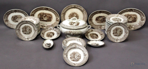 Servizio di piatti marcati in ceramica inglese a soggetto di paesaggi composto da trentasei piatti piani, sei piatti fondi, dieci piatti da portata ed otto da muro.