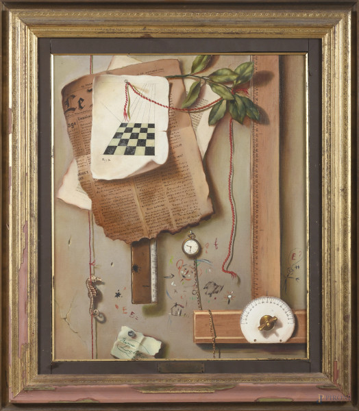 Remo Lobbio, Composizione con cartigli e orologio, XX secolo, acrilico su tela, cm 60,5x50, firmato in basso, entro cornice, (ondulazioni della tela)