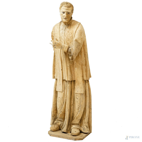 Santo, scultura in legno intagliato,  occhi in vetro, cm 87, fine XVIII secolo, (difetti, parti rotte)