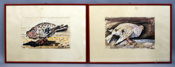 Beppe Guzzi - Coppia di acquarelli su carta raffiguranti volatili, cm 27x24, entro cornice