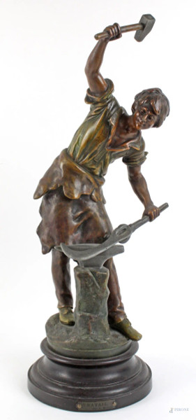 Il lavoratore, scultura in antimonio da Auguste Moreau (1834 - 1917), altezza cm. 51,5, XX secolo.