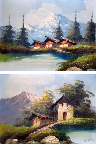 Coppia di dipinti raffiguranti paesaggi montani con case in riva al lago, olio su masonite, ciascuno cm 30x40