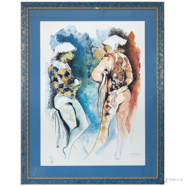 Augusto Murer (1922 -1985), Arlecchino, stampa su carta, cm 70x50, entro cornice