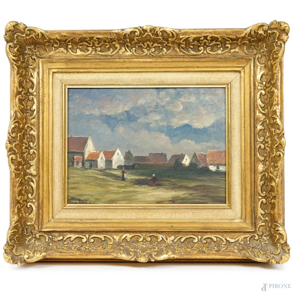 Veduta di villaggio, olio su cartone telato, firmato e datato in basso a sinistra, cm 23,5x18, entro cornice