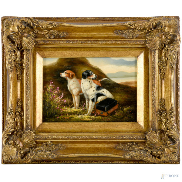Cani da caccia in paesaggio, olio su tavoletta, XX secolo, cm 11,5x17 entro cornice