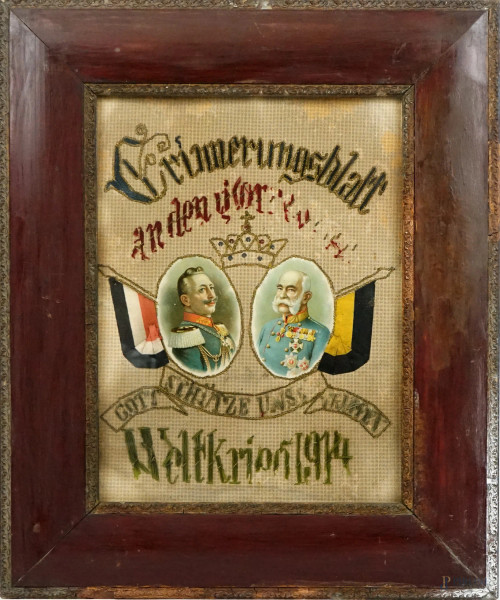 Il Kaiser Guglielmo II di Germania e Giuseppe I d'Austria, ricamo datato 1914, cm 38,5x29, entro cornice.