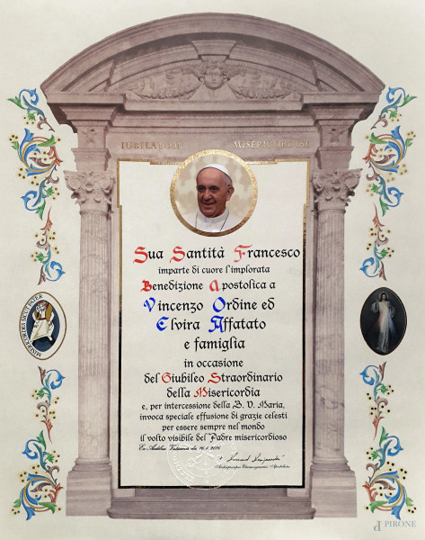 Papa Francesco, Benedizione Apostolica su carta pergamena, cm 42x32, firmato