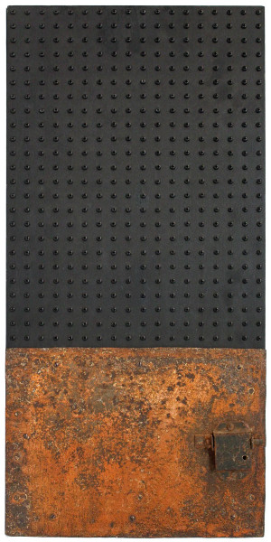 Marco Fattori, Migrazione di ruggine, tecnica mista su legno, cm 75x36, 2010, con autentica dell&#39;artista.