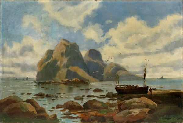 Scorcio di costa con imbarcazioni e figure, olio su tela, cm 51x76, inizi XX secolo
