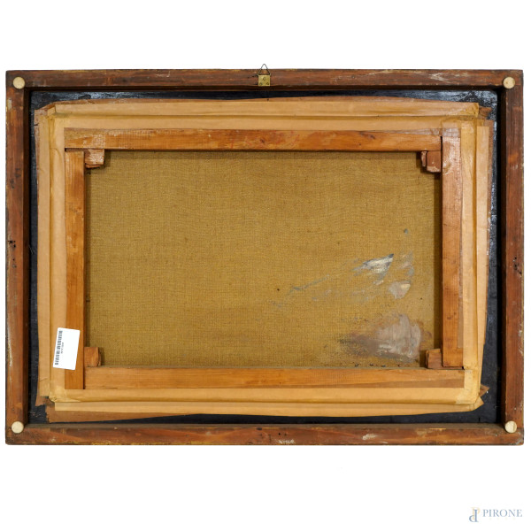 Veduta marina con imbarcazioni, XIX secolo, olio su tela, cm 41x61, entro cornice