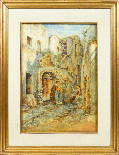 Scorcio di vicolo con figure, olio su tela, cm 48x33, XX secolo, entro cornice