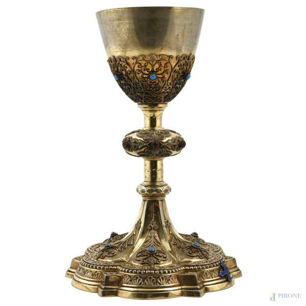 Calice in argento e pietre dure,altezza cm 24, peso lordo gr 430, (segni di usura)