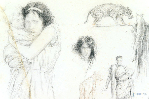 Studio di figure e animali, matita su carta, cm 39x54,5, XX secolo, (difetti)