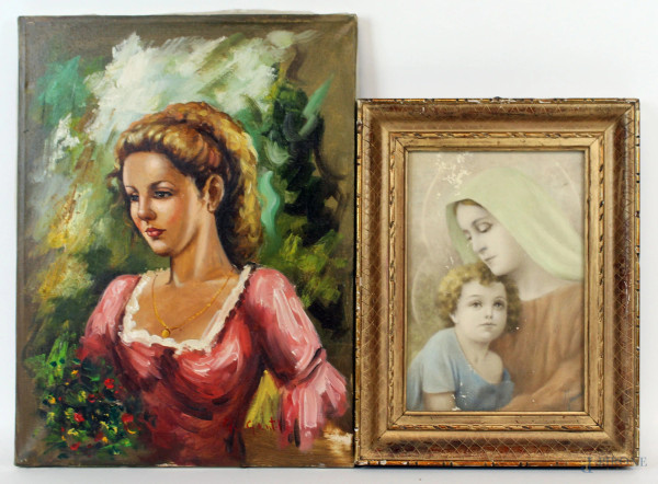 Lotto composto da una stampa raffigurante una Madonna con Bambino ed un ritratto di ragazza ad olio su tela, misure max cm 40x30, XX secolo, di cui uno entro cornice.