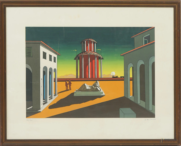 Giorgio De Chirico - Piazza d'Italia, litografia a colori, firmato in basso a destra G. de Chirico, esemplare 200/300, cm 68x84,5, entro cornice