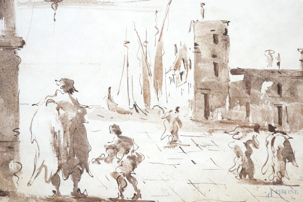 Tre disegni a china e acquerello su carta, ciascuno raffigurante un capriccio veneziano con figur...