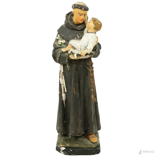 Sant'Antonio da Padova ed il Bambino, scultura in terracotta dipinta, cm h 26, XX secolo, (difetti e restauri)