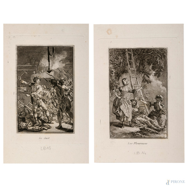 Jean-Baptiste Nicolas Le Prince (1734 – 1781), Coppia di incisioni dalla serie "Femmes de Moscovie", foglio cm 24x14,5, (lievi segni di usura)