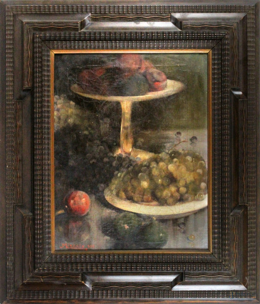 Miradio Pasquali - Alzata e piatto con frutta, olio su tela, cm 50x40, firmato e datato 1925, entro cornice