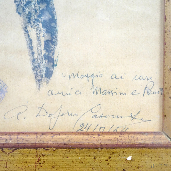 Figura maschile seduta, acquerello su carta, cm 30x24, dedicato, firmato e datato "24/8/54", entr...