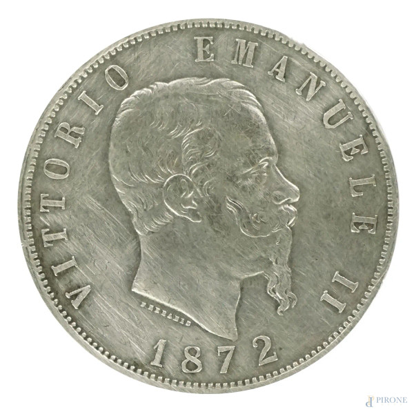 Moneta 5 Lire in argento, Regno d’Italia, Vittorio Emanuele II, 1872. 