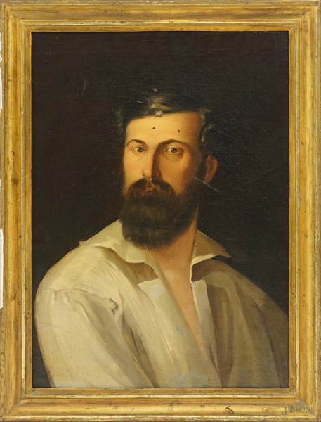 Ritratto d'uomo con barba, olio su tela, XIX-XX secolo, cm 63,5x45,5, entro cornice (difetti, cadute di colore)