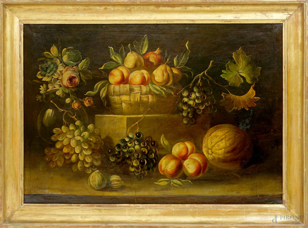 Natura morta di frutta, olio su tela, XX secolo, cm 69,8x100, entro cornice