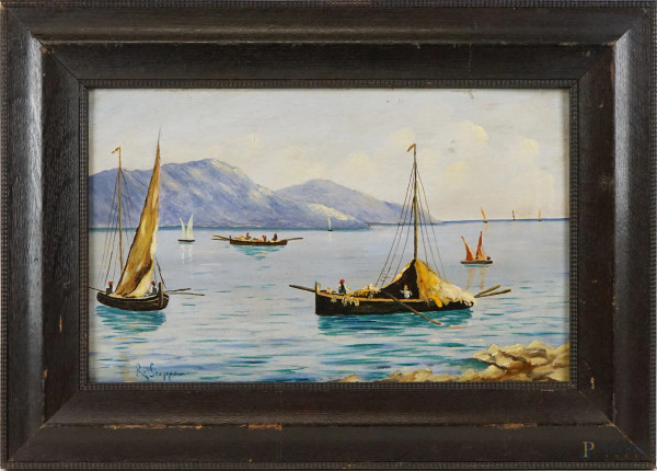 Marina con imbarcazioni, olio su tavola, cm 26,5x42, firmato R.Scoppa, entro cornice