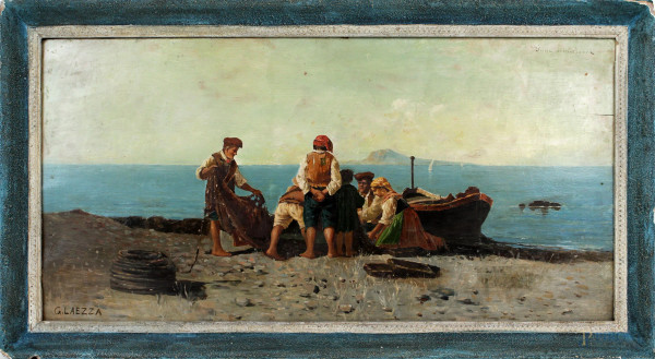 Pescatori in spiaggia, olio su tavola, cm 57x23, firmato G.Laezza, entro cornice.