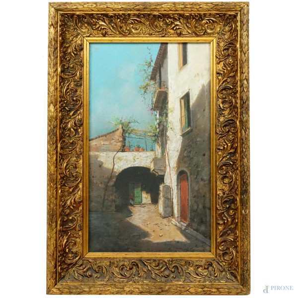 Umberto Coromaldi (1870-1948) attr.a, Cortile, pastello su cartone, cm 40x24, entro cornice.