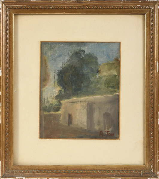 Muro con alberi, XX secolo, olio su tela, cm 29x25, firmato in basso a destra, entro cornice, (segni di usura, abrasioni, tracce di umidità)