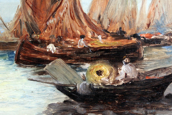 Marina con imbarcazioni, olio su masonite, cm 33x48, firmato Galimberti,  entro cornice - Asta ASTA DI ARTE MODERNA E ANTIQUARIATO - Aste Pirone