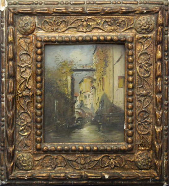 Scorcio di Venezia, olio su cartoncino firmato, cm 13 x 10, entro cornice.