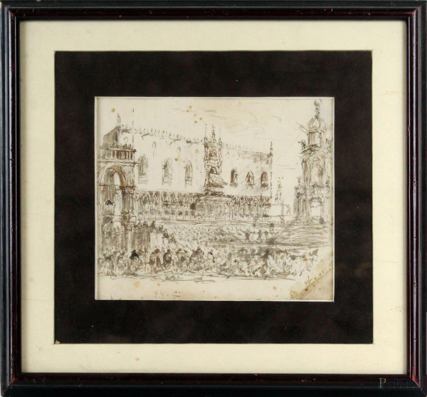 Scorcio di Venezia, china su carta, cm 24x27, XIX secolo, entro cornice