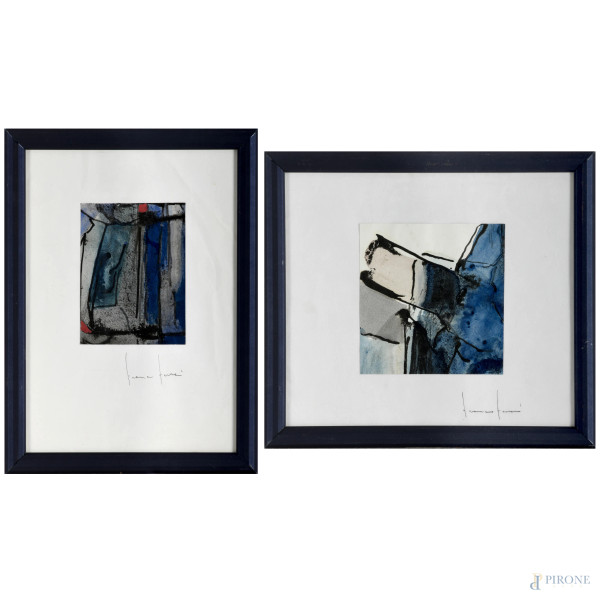 Franco Ferrari (1929-2000), lotto composto da due composizioni a tecnica mista su carta, firmate, cm 24x27 compreso passepartout, entro cornice