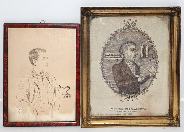 Lotto di due ritratti, disegni a varie tecniche su carta, 29x23 cm e 26x19 cm, entro cornici.