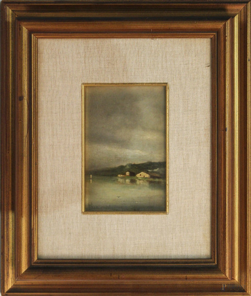 Paesaggio marino, olio su tavola 13x9 cm, entro cornice firmato.