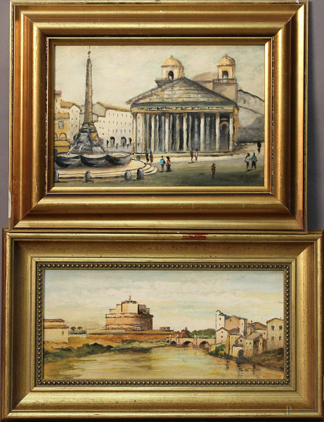 Lotto di due dipinti ad olio su tavola ed olio su cartone raffiguranti scorci di Roma, misura max 38x18 in cornici